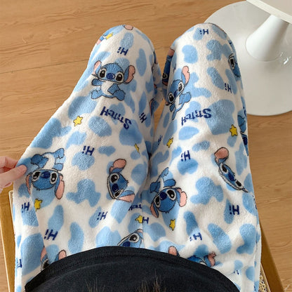 Anime Stitch Plush Pajama Pants Sanrio Kawaii Hello Kitty Cute Women Winter Warm Student Sleeping Pants Loose Casual Home Pants