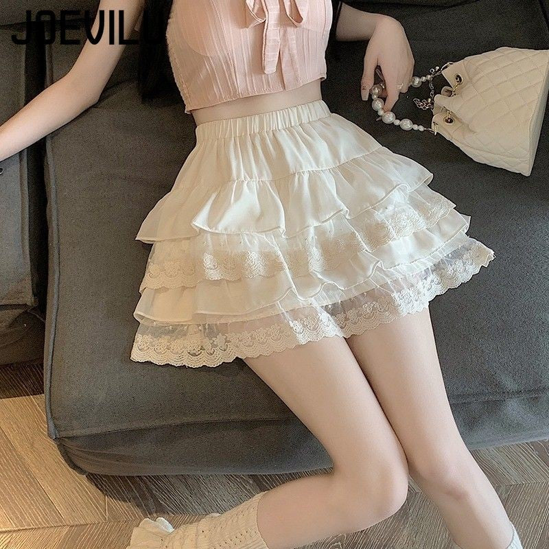 JOEVILU White Tutu Skirt A-line Elastic High Waist Mini Skirts Short Lace Cake Skirt Thin Summer Korean Fashion Goth Y2k Clothes