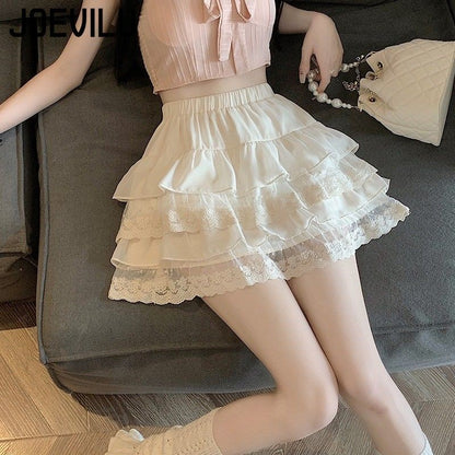 JOEVILU White Tutu Skirt A-line Elastic High Waist Mini Skirts Short Lace Cake Skirt Thin Summer Korean Fashion Goth Y2k Clothes