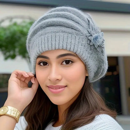 Women's Winter Flower Decorated Hat - Warm Knitted Wool Beanie with Floral Design, Soft Breathable Natural Material for Mom