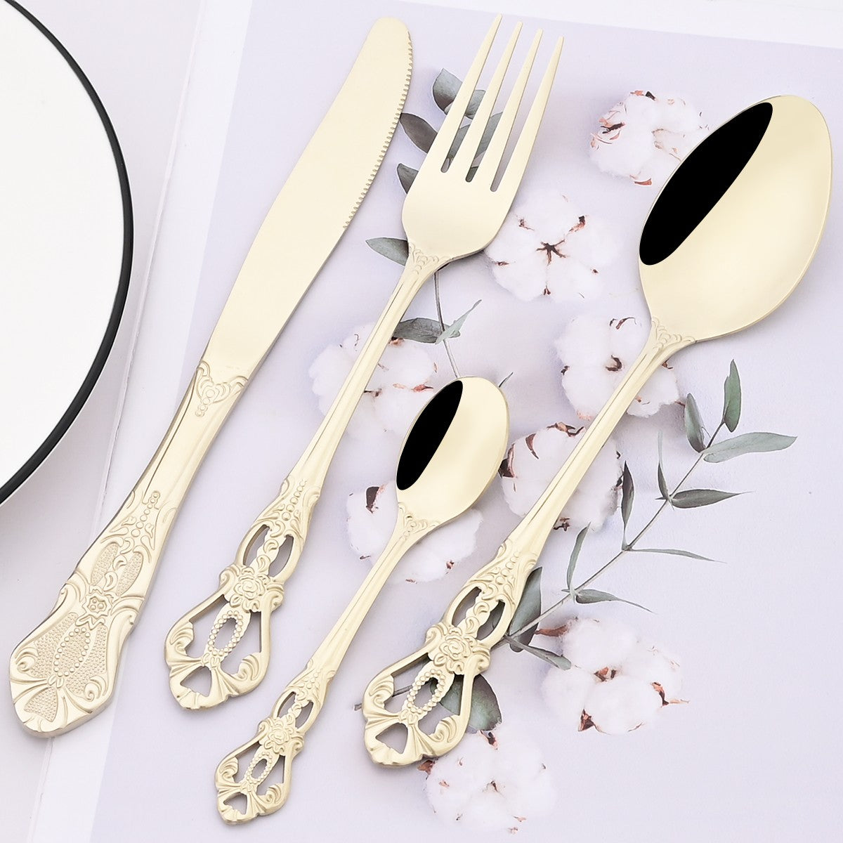 Mirror 24Pcs Vintage Dinnerware Set Stainless Steel Cutlery Set Knives Fork Teaspoon Tableware Kitchen Flatware Silverware Set