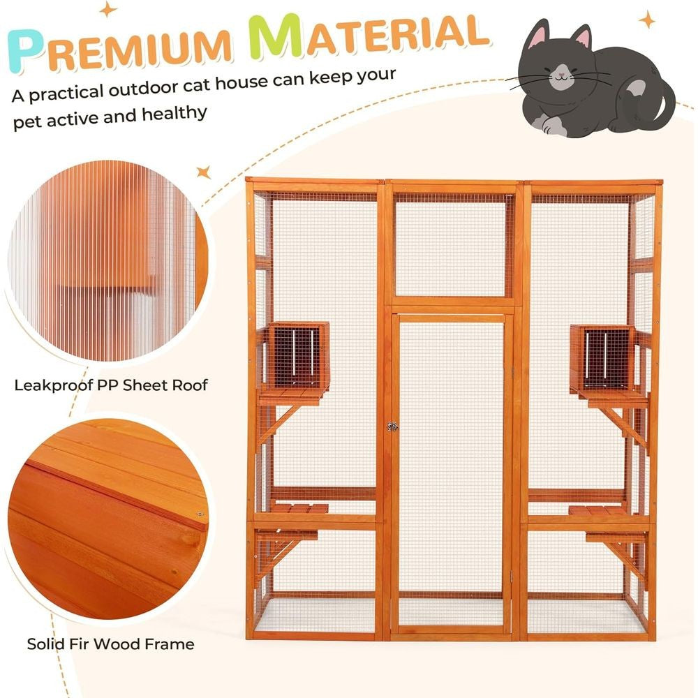 Orange Large Indoor Cat Condo with Perch, Play Area, 7 Platforms, 2 Boxes, Waterproof Roof, Safety Lock, 62.4L x 32.4W x 70H