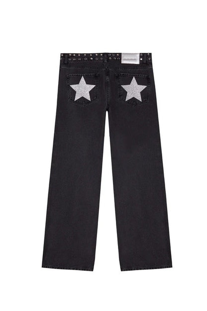 Spanish Fashion ONE DILEMMA Five-pointed Star Pattern Rivet Decorative Black Jeans Women's Autumn Multiple Light Blue Jeans