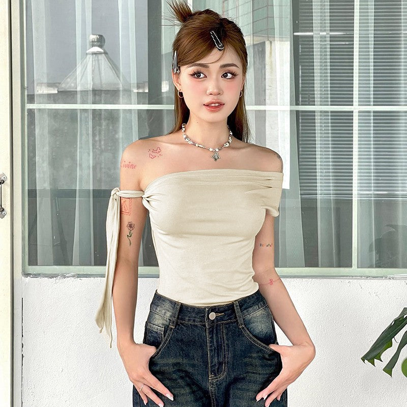 CUTENOVA 2024 Women'S Summer Ins Style New Shrink Pleated One-Shoulder Crop Top Backless Twist Tie Asymmetric T-Shirt Casual Top