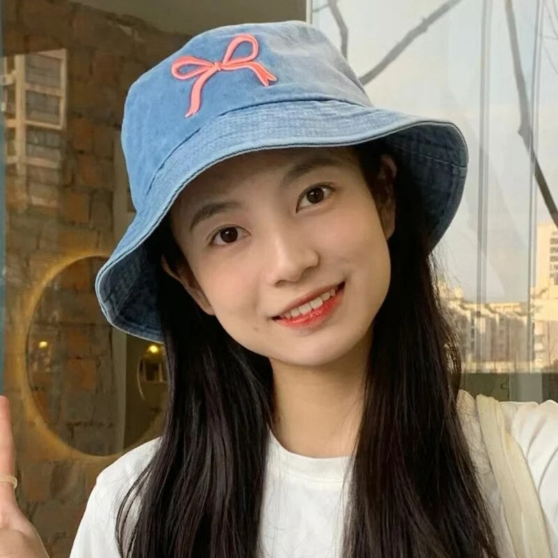 A Fisherman's Hat Three-Dimensional Embroidery Bow Travel Shopping Washed Denim Basin Hat