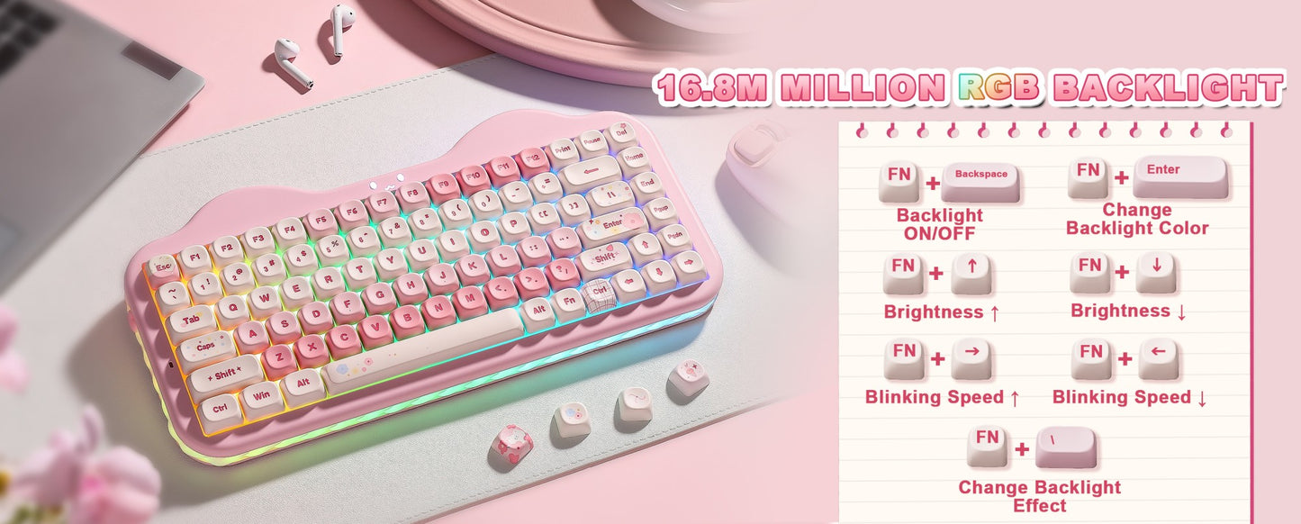 Teclado Mecânico Sem Fio Rosa YUNZII C75, Teclado RGB Hotswap Cremoso 75%, Suporte Gasket Design Cute Cake para Win/Mac/Gaming