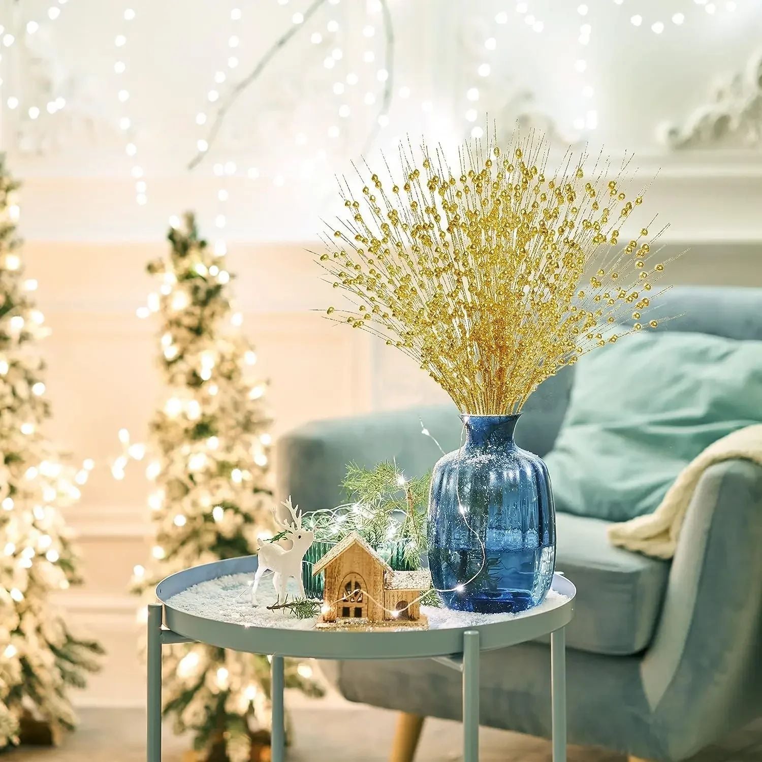 1-10pcs Gold Christmas Decorative Flash Artificial Berry Stem Decor for Christmas Tree DIY Wreath Fireplace Holiday Crafts Gifts