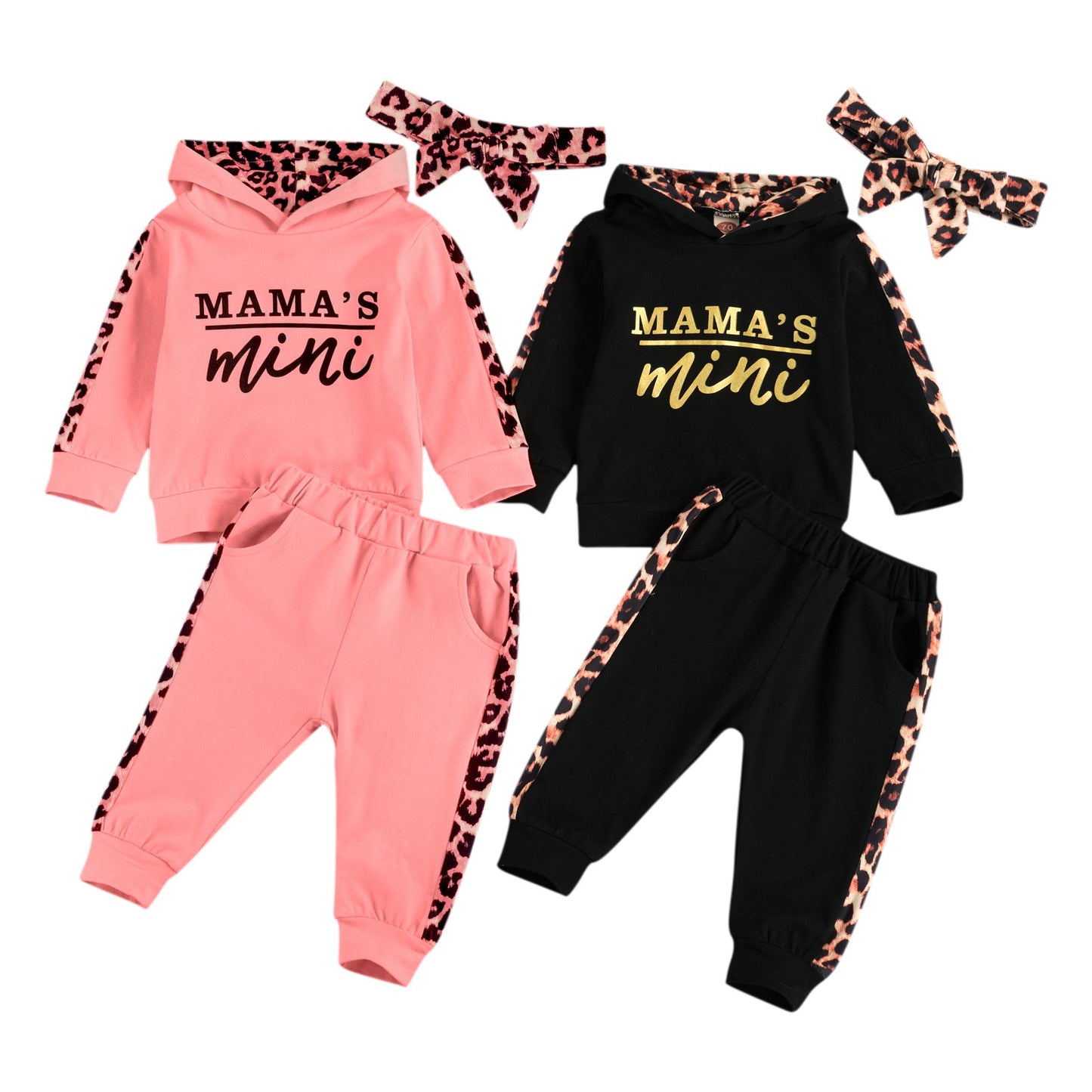 Infant Baby Girl Long-sleeved Trousers Suit Letter Hooded T-shirt Leopard Stitching Long Pants Headband 3Pcs Clothes Spring Fall