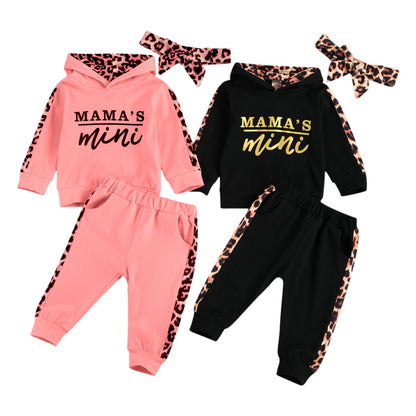 Infant Baby Girl Long-sleeved Trousers Suit Letter Hooded T-shirt Leopard Stitching Long Pants Headband 3Pcs Clothes Spring Fall
