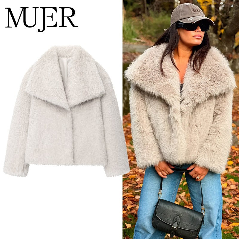 MUJER Faux Fur Coat Plush Fluffy Women's Jacket 2025 Woman Autumn Winter New in Outerwears White Red Gray Black Blends Coats