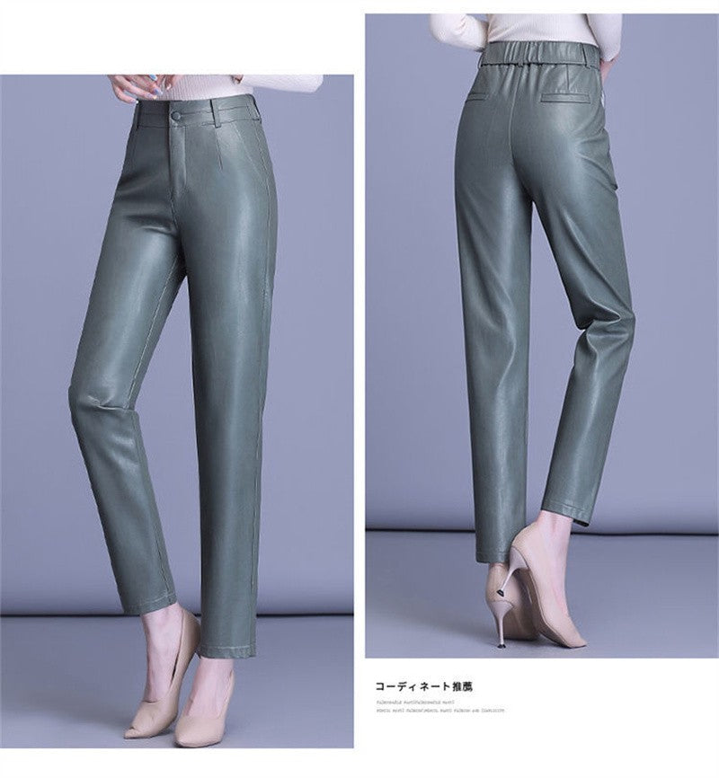 2023 Spring Autumn Sheepskin Pants Women High-waist Straight Pants Slim Lady Genuine Leather Casual Trousers Ankle-Length Pants