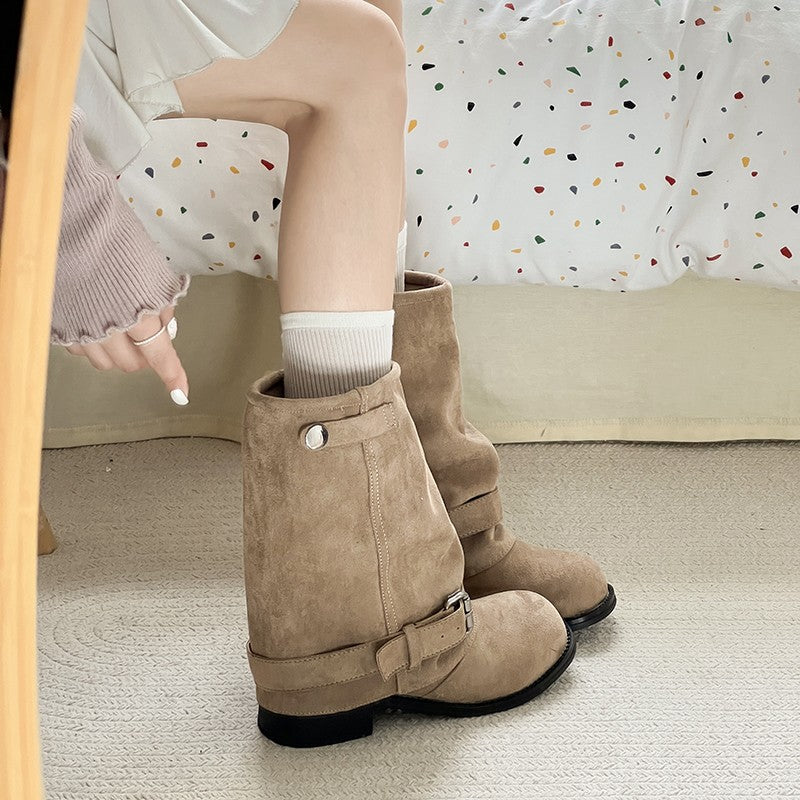 Vintage Thick Heel Women Western Cowboy Boots Fashion Belt Buckle Slip On Shoes Ladies Pleated Short Booties Autumn Winter