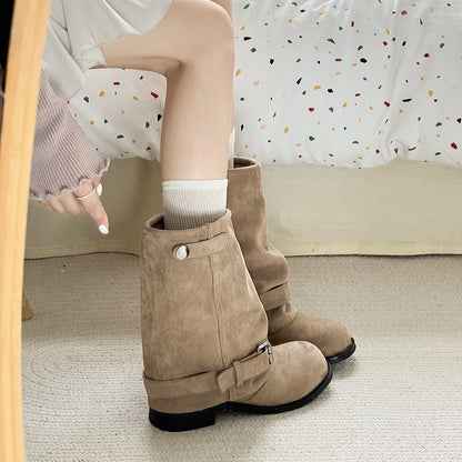 Vintage Thick Heel Women Western Cowboy Boots Fashion Belt Buckle Slip On Shoes Ladies Pleated Short Booties Autumn Winter