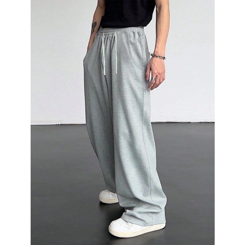 Men's solid color drawstring waist slanted pocket sports pants, pure cotton casual loose pants  sweatpants men pants