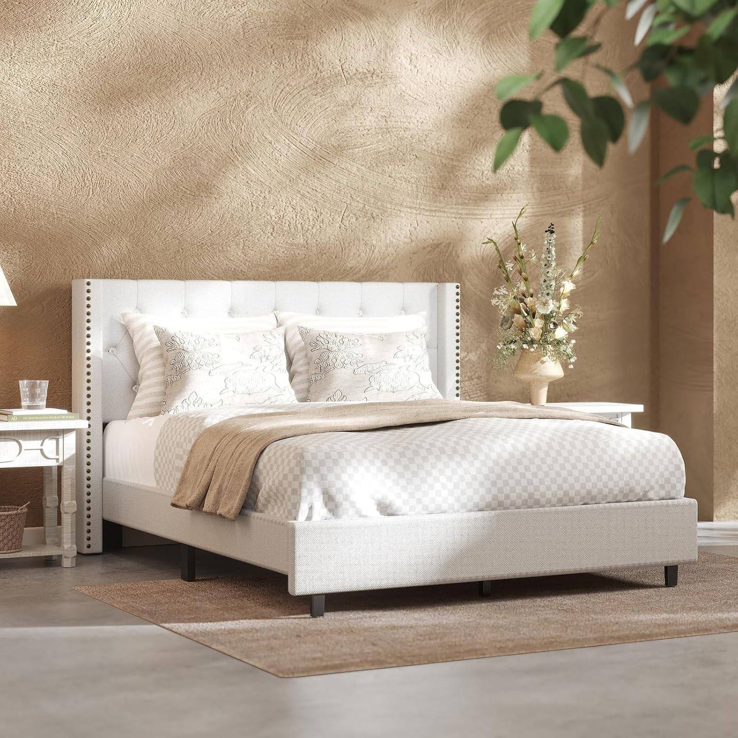 Queen Size Bed Frame, Upholstered in Natural Linen, Platform Bed with Wingback Headboard, Luxury Diamond Tufting, Heavy-