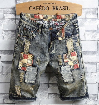 High Quality Men's Summer Holes Denim Shorts Jeans Men Straight Retro Shorts Jeans Men Knee Length Cowboy Jeans Shorts Size 40