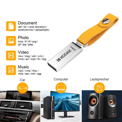 Pen Drive USB KODAK K122 de Metal 2.0 de Alta Velocidade 32GB/64GB/128GB Mini U-Disk Memory Stick com Alça para PC e Carros