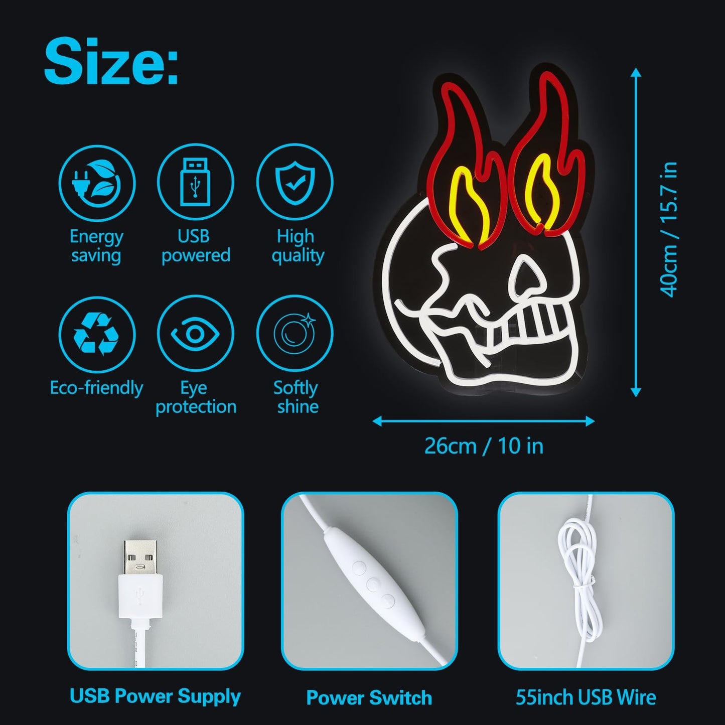 Paredes de Neon Chama de Crânio Decoradas com LEDs de Halloween Reguláveis, Alimentadas por USB, Decorações de Festa de Halloween para Caverna Masculina, Bar, Clube, Sala de Jogos