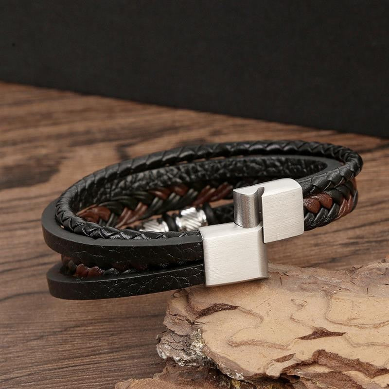Pulseira de Couro Masculina Punk com Fecho Magnético de Aço Inoxidável Trançado em Camadas Envoltório de Couro Pulseiras Presente Joias Masculinas