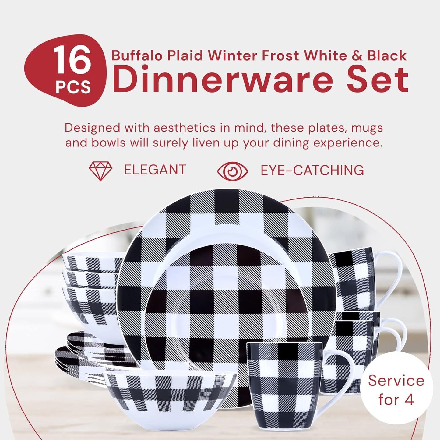 Inverno Geada Branca, Jogos de Jantar Modernos Pretos para Cozinha, Pratos e Louças Internas, Conjunto de Pratos e Tigelas de Cozinha Xadrez de 16 Peças com Mu