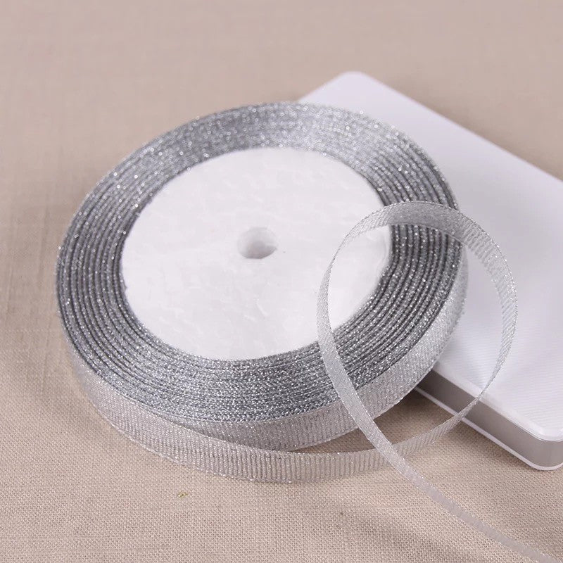 25 Yards 6mm/1cm/1.2cm Silver/Gold Silk Satin Ribbon Party Home Wedding Decoration Gift Wrapping Christmas New Year DIY Tools