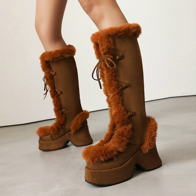 8CM Chunk Heels Winter Warm Knee High Boots Women Snow Short Plush Platform Boots Faux Fur Cosplay Lace-up Long Shoes Size 34-43