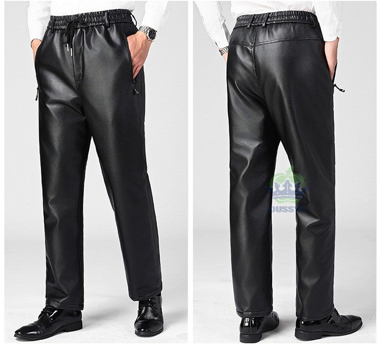 OUSSYU Brand High Quality Winter Outdoors Fleece Warm Pants Men Zippered Pocket Business Straight Flocking PU Trousers Plus Size