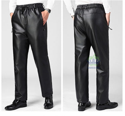 OUSSYU Brand High Quality Winter Outdoors Fleece Warm Pants Men Zippered Pocket Business Straight Flocking PU Trousers Plus Size