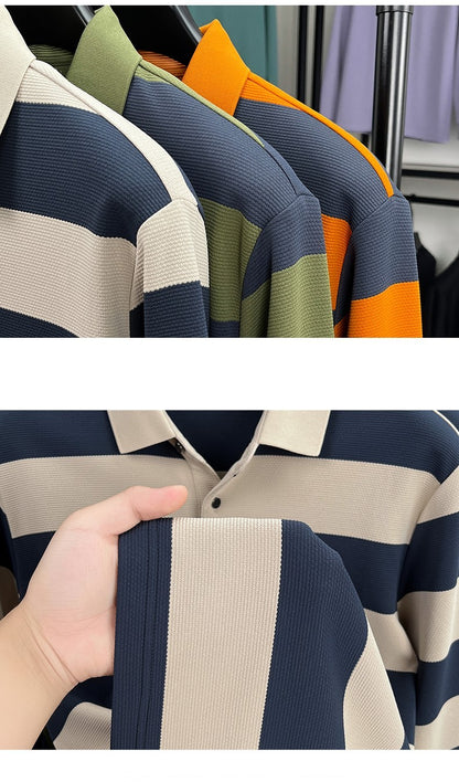 Unique stripe color blocked long sleeve polo shirt men high-end trend brand letters embossed spring autumn new comfort T-shirt