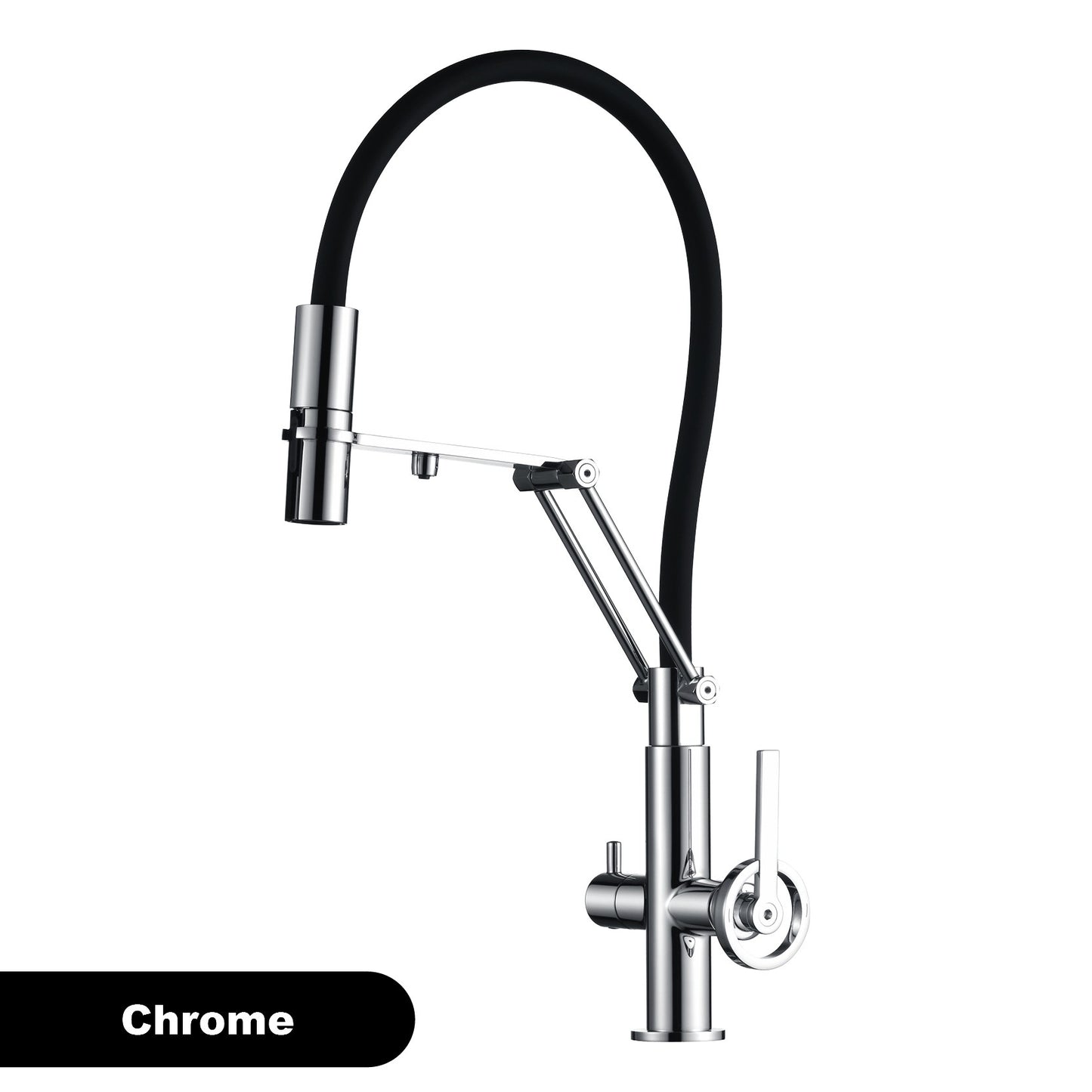 Torneira de Cozinha Moderna em Latão Cromado com Spray Retrátil 3 em 1, Função de Água Pura, Furo Único, Misturador de Pia Quente e Frio com 2 Alças
