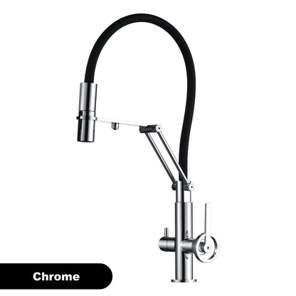 Torneira de Cozinha Moderna em Latão Cromado com Spray Retrátil 3 em 1, Função de Água Pura, Furo Único, Misturador de Pia Quente e Frio com 2 Alças