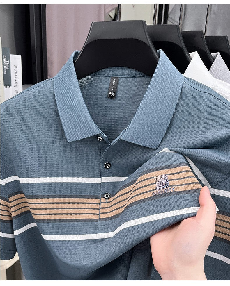High end letter embossed short sleeve polo shirt luxury brand T-shirt fashion striped summer new ice silk breathable men's top