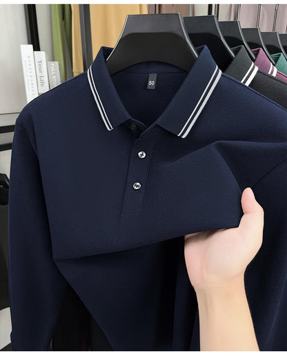100% pure cotton high-quality long sleeve polo shirt men's autumn new style comfort casual luxury double striped lapel T-shirt