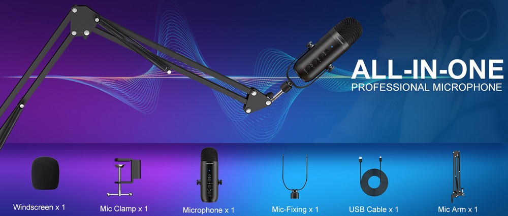 Microfone condensador cardioide profissional Haomuren USB para podcast, streaming, PC, estúdio, kit com braço articulado para gravação no YouTube