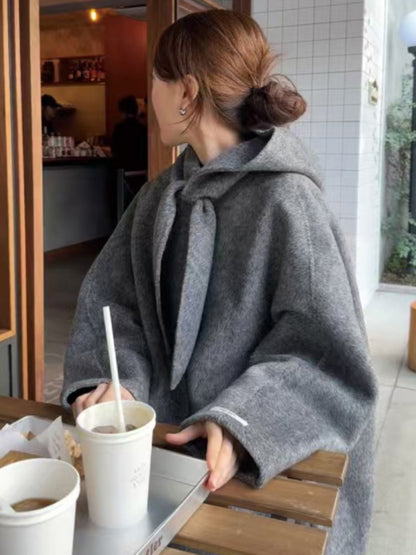 Korean Sle Woolen Coat Women's Chic Temperament Sweet Bow Tie Collar Hooded Warm Woolen Coat Long Sve Mid-Length