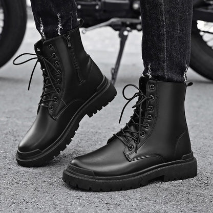 Black Men's Casual Leather Boots Fashion Winter Men Work Boot Mens Shoes Non-slip Designer High Top Ankle Boots Motorcycle Shoes