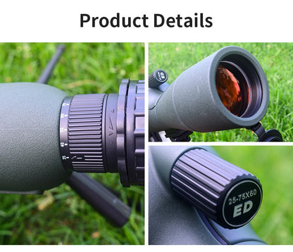 Luneta Terrestre com Zoom 25-75x60 Lente ED Poderoso Monocular Prisma Bak4 para Acampamento ao Ar Livre Observação de Pássaros Tiro Esportivo