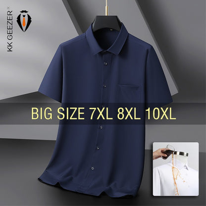 Men Shirt Short Sleeve Summer Waterproof Oil Proof Antifouling Oversize 6XL 7XL 8XL 10XL Plus Size Formal Casual High Quality