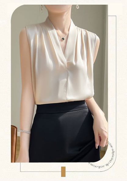 Womens Tops Blouses Solid Color White Satin Blouse Office Shirt Blusas Sleeveless Women Shirts Black White Female YTM A31