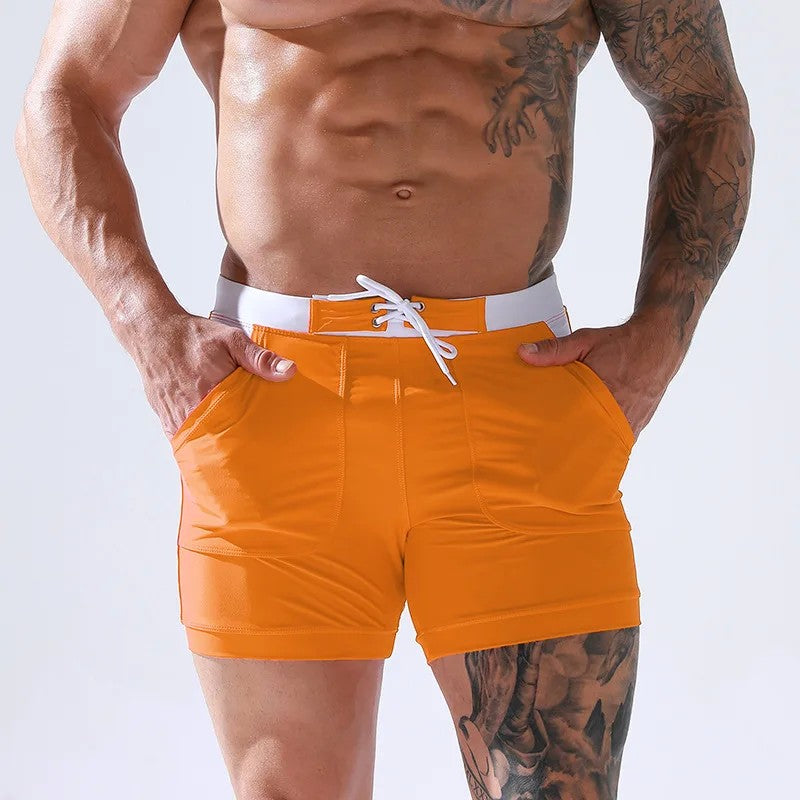 Men's Summer Swimwear Shorts Quick Dry Swimming Trunks Surf Board Solid Shorts Boxer Briefs Swimsuit Beach Sun Bathing Shorts