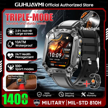 2026 Novo 1400mAh Bateria Grande Militar Ao Ar Livre 2.01 polegadas Smartwatch Masculino 10ATM À Prova D'água Chamada Bluetooth Relógio Inteligente Esportivo