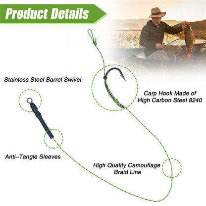 12 anzóis de pesca de carpa pré-amarrados com linha, para carpa, prontos para usar com iscas boilies, equipamento de pesca de carpa.