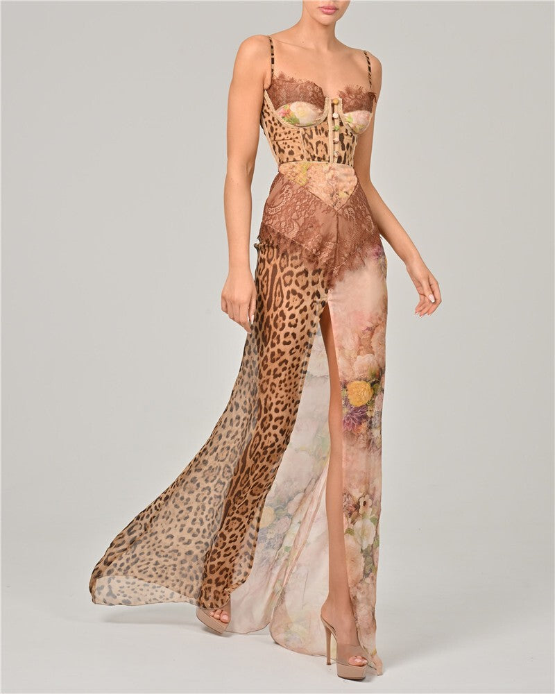 Mozision Leopard Print Lace Split Sexy Maxi Dress Women Gown Elegant Patchwork C
