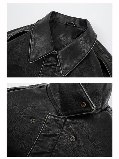 Mauroicardi Spring Cool Handsome Oversized Vintage Distressed Black Pu Leather Jacket Men Pockets Luxury Designer Clothes 2024