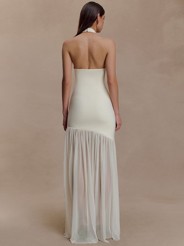 Mozision Hollow Out Halter Backless Sexy Maxi Dress Women Gown Elegant Patchwork V Neck Sleeveless Bodycon Club Party Long Dress