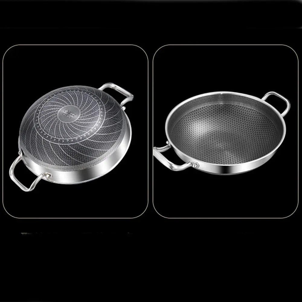 32cm Panela de Fritura em Aço Inoxidável 304, Antiaderente de Grau Alimentício, Fundo de Panela Tipo Colmeia, Panela Wok de Uso Geral para Fogão a Gás e de Indução