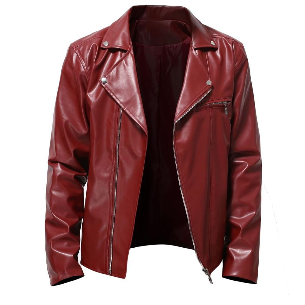 Men's Motorcycle PU Leather Jacket Fashionable Solid Color Slim Fit Zipper Long Sleeved Lapel Leather Jacket Men's Clothing