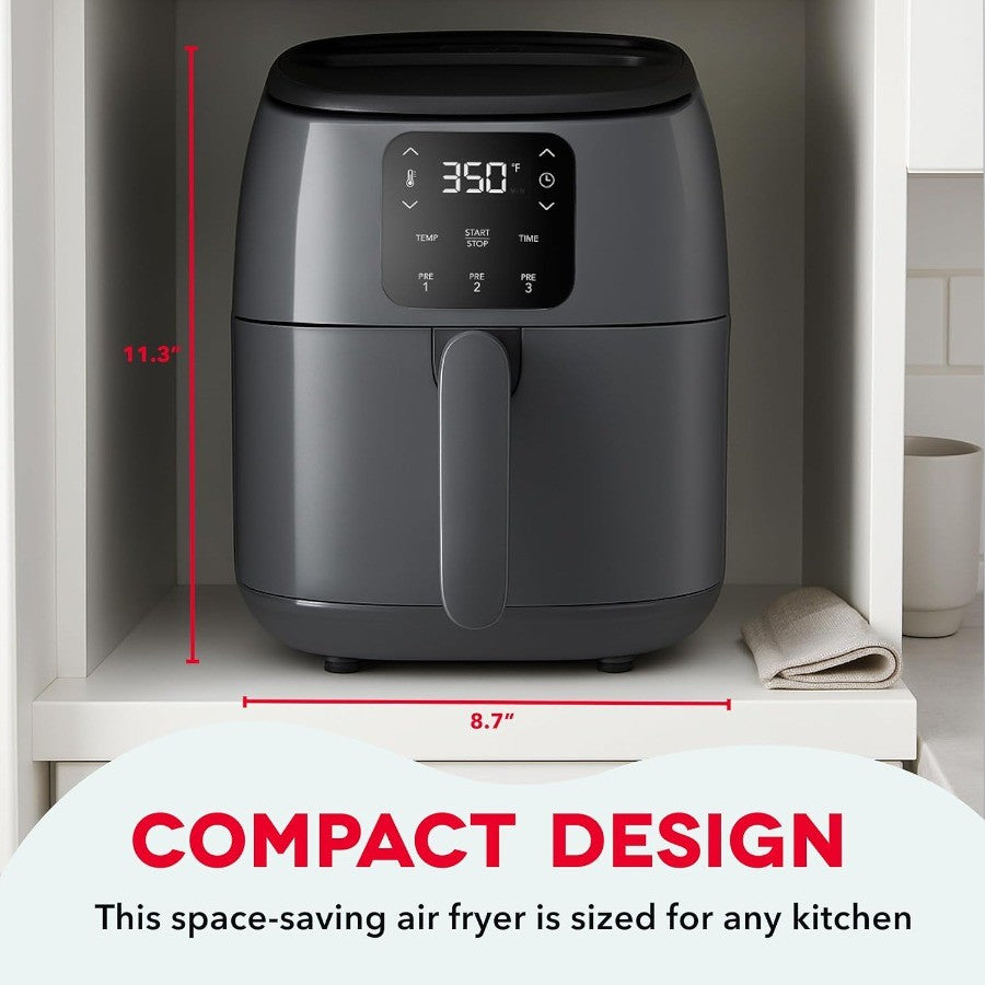 Fritadeira Elétrica de Ar TastiCrisp 2.6 Qt. Cinza Compacta para Alimentos Mais Saudáveis em Minutos Ideal para Espaços Pequenos Características