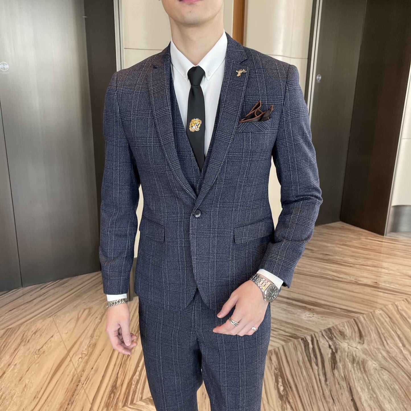 British Korean Style High Quality Modified Plaid Three-Piece Suit for Men - Stylish Business Casual Suit Vest And Trousers Set