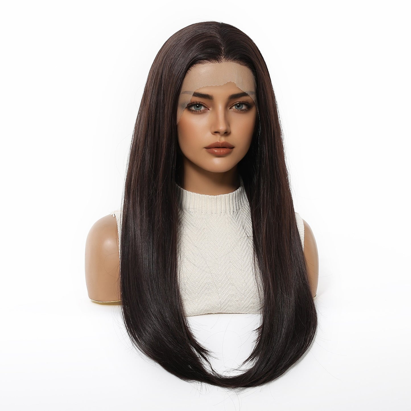 HENRY MARGU Perucas Sintéticas Front Lace 13x4 Cabelo Liso Sedoso Longo Peruca Marrom Escuro para Mulheres 55 cm Resistente ao Calor Uso Diário